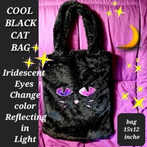 Black Cat Plush Tote hand bag faux fur w/gold rainbow eyes purrfect 4 Halloween